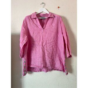 Tahari Womens Linen 3/4 Sleeve Top 2X Pink Collar V-Neck Lightweight Lagenlook